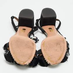 Pre Owned Aquazzura Size 39 Black/White Suede Bead Pom Pom Block Heel Ankle Wrap Sandals