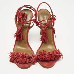 Pre Owned صندل أكوازورا وايلد ثينغ سويدي أحمر بشراشيب حزام للكاحل مقاس 39