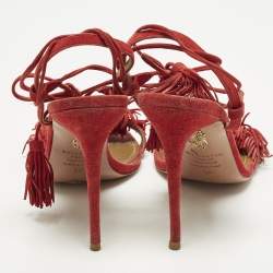 Pre Owned صندل أكوازورا وايلد ثينغ سويدي أحمر بشراشيب حزام للكاحل مقاس 39