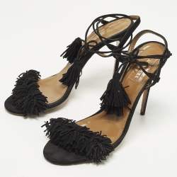 Pre Owned Aquazzura Wild Thing Size 38.5 Black Suede Ankle Strap Sandals