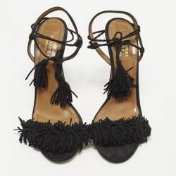 Pre Owned Aquazzura Wild Thing Size 38.5 Black Suede Ankle Strap Sandals