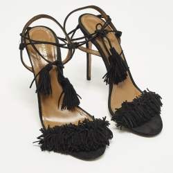 Pre Owned Aquazzura Wild Thing Size 38.5 Black Suede Ankle Strap Sandals