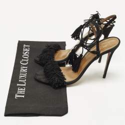 Pre Owned Aquazzura Wild Thing Size 38.5 Black Suede Ankle Strap Sandals