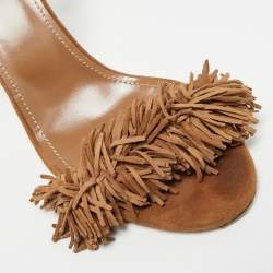 Pre Owned صندل أكوازورا بنى سويدي بشراشيب حزام للكاحل مقاس 39