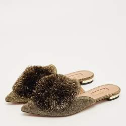 مملوكة مسبقًا Aquazzura Size 36 Gold Lurex Fabric Puff Pom Pom  Mules