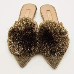 مملوكة مسبقًا Aquazzura Size 36 Gold Lurex Fabric Puff Pom Pom  Mules