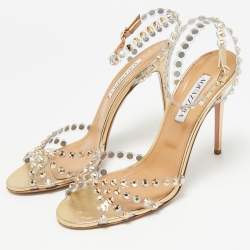 Pre Owned Aquazzura Tequila Size 39 Transparent/Gold PVC and Leather Ankle Strap Sandals