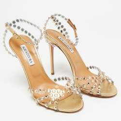 Pre Owned Aquazzura Tequila Size 39 Transparent/Gold PVC and Leather Ankle Strap Sandals