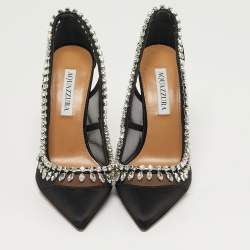 Pre Owned Aquazzura Crystal Crush Size 37 Black Mesh and Satin Pumps