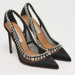 Pre Owned Aquazzura Crystal Crush Size 37 Black Mesh and Satin Pumps