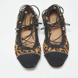 Pre Owned Aquazzura Size 37 Brown/Black Leopard Print Suede and Fabric Tie Up Ballet Flats