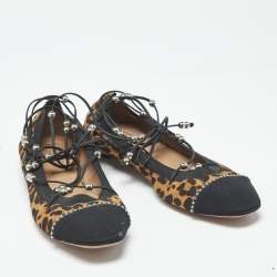 Pre Owned Aquazzura Size 37 Brown/Black Leopard Print Suede and Fabric Tie Up Ballet Flats