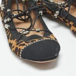 Pre Owned Aquazzura Size 37 Brown/Black Leopard Print Suede and Fabric Tie Up Ballet Flats