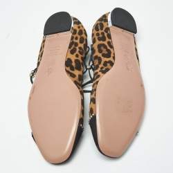Pre Owned Aquazzura Size 37 Brown/Black Leopard Print Suede and Fabric Tie Up Ballet Flats