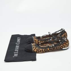 Pre Owned Aquazzura Size 37 Brown/Black Leopard Print Suede and Fabric Tie Up Ballet Flats