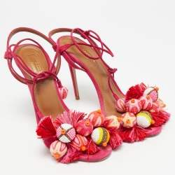 مملوكة مسبقًا صندل أكوازورا بارادايس مزين بشرابات مطرزة سويـد وردي بحزام كاحل مقاس 35.5