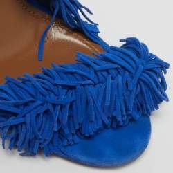 Pre Owned Aquazzura Wild Thing Size 38 Blue Fringe Suede Tassel Ankle Wrap Sandals