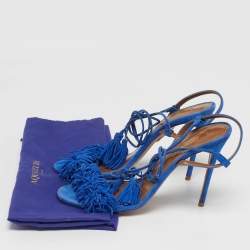Pre Owned Aquazzura Wild Thing Size 38 Blue Fringe Suede Tassel Ankle Wrap Sandals