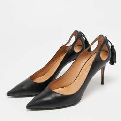 Pre Owned حذاء كعب عالي أكوازورا "فوريفر مارلين" مقدمة مدببة مزين دلاية شراشيب تفريغات جلد لامع أسود مقاس 41