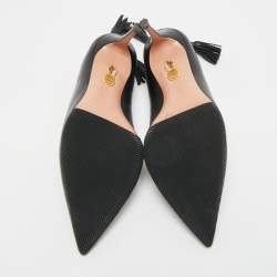 Pre Owned حذاء كعب عالي أكوازورا "فوريفر مارلين" مقدمة مدببة مزين دلاية شراشيب تفريغات جلد لامع أسود مقاس 41