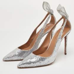 Pre Owned Aquazzura Bow Tie Size 40.5 Metallic Silver Sequins Pointed Toe Pumps