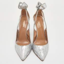 Pre Owned Aquazzura Bow Tie Size 40.5 Metallic Silver Sequins Pointed Toe Pumps