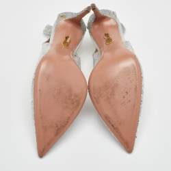 Pre Owned Aquazzura Bow Tie Size 40.5 Metallic Silver Sequins Pointed Toe Pumps