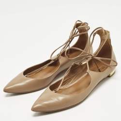 Pre Owned Aquazzura Christy Size 39.5 Beige Leather Ballet Flats