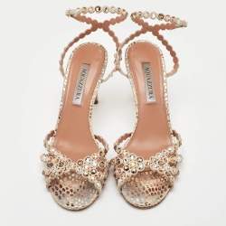 Pre Owned Aquazzura Tequila Crystal Embellished Size 38.5 Beige Suede Ankle Strap Sandals
