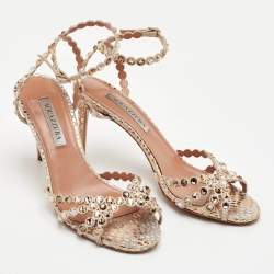 Pre Owned Aquazzura Tequila Crystal Embellished Size 38.5 Beige Suede Ankle Strap Sandals