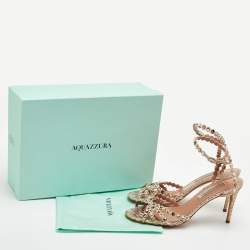 Pre Owned Aquazzura Tequila Crystal Embellished Size 38.5 Beige Suede Ankle Strap Sandals
