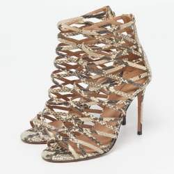 مملوكة مسبقًا Aquazzura knockout Size 38.5 Beige Snakeskin Embossed Leather Gladiator Sandals