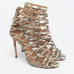 مملوكة مسبقًا Aquazzura knockout Size 38.5 Beige Snakeskin Embossed Leather Gladiator Sandals
