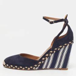 مملوكة مسبقًا Aquazzura Malibu Grosgrain Size 38.5 Navy Blue Fabric Suede Espadrille Wedge Pumps