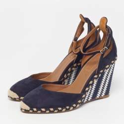 مملوكة مسبقًا Aquazzura Malibu Grosgrain Size 38.5 Navy Blue Fabric Suede Espadrille Wedge Pumps