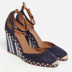 مملوكة مسبقًا Aquazzura Malibu Grosgrain Size 38.5 Navy Blue Fabric Suede Espadrille Wedge Pumps