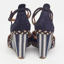 مملوكة مسبقًا Aquazzura Malibu Grosgrain Size 38.5 Navy Blue Fabric Suede Espadrille Wedge Pumps