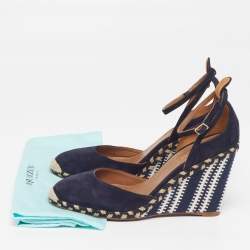 مملوكة مسبقًا Aquazzura Malibu Grosgrain Size 38.5 Navy Blue Fabric Suede Espadrille Wedge Pumps
