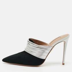 Pre Owned Aquazzura Rendez Vous Size 39.5 Black/Silver Leather and Suede Mules