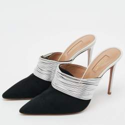 Pre Owned Aquazzura Rendez Vous Size 39.5 Black/Silver Leather and Suede Mules