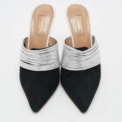 Pre Owned Aquazzura Rendez Vous Size 39.5 Black/Silver Leather and Suede Mules