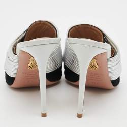 Pre Owned Aquazzura Rendez Vous Size 39.5 Black/Silver Leather and Suede Mules