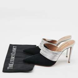 Pre Owned Aquazzura Rendez Vous Size 39.5 Black/Silver Leather and Suede Mules
