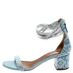 Pre Owned Aquazzura Light Blue Embroidery Demin Spin Me Around Strappy Sandals Size 39