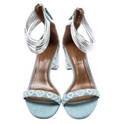 Pre Owned Aquazzura Light Blue Embroidery Demin Spin Me Around Strappy Sandals Size 39
