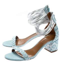 Pre Owned Aquazzura Light Blue Embroidery Demin Spin Me Around Strappy Sandals Size 39