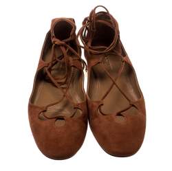 Pre Owned Aquazzura Brown Suede Dancer Lace Up Ballet Flats Size 38.5