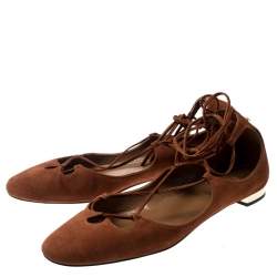 Pre Owned Aquazzura Brown Suede Dancer Lace Up Ballet Flats Size 38.5