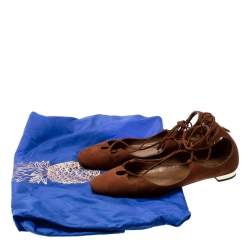 Pre Owned Aquazzura Brown Suede Dancer Lace Up Ballet Flats Size 38.5
