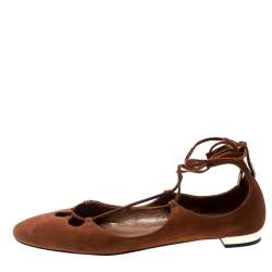 Pre Owned Aquazzura Brown Suede Dancer Lace Up Ballet Flats Size 38.5